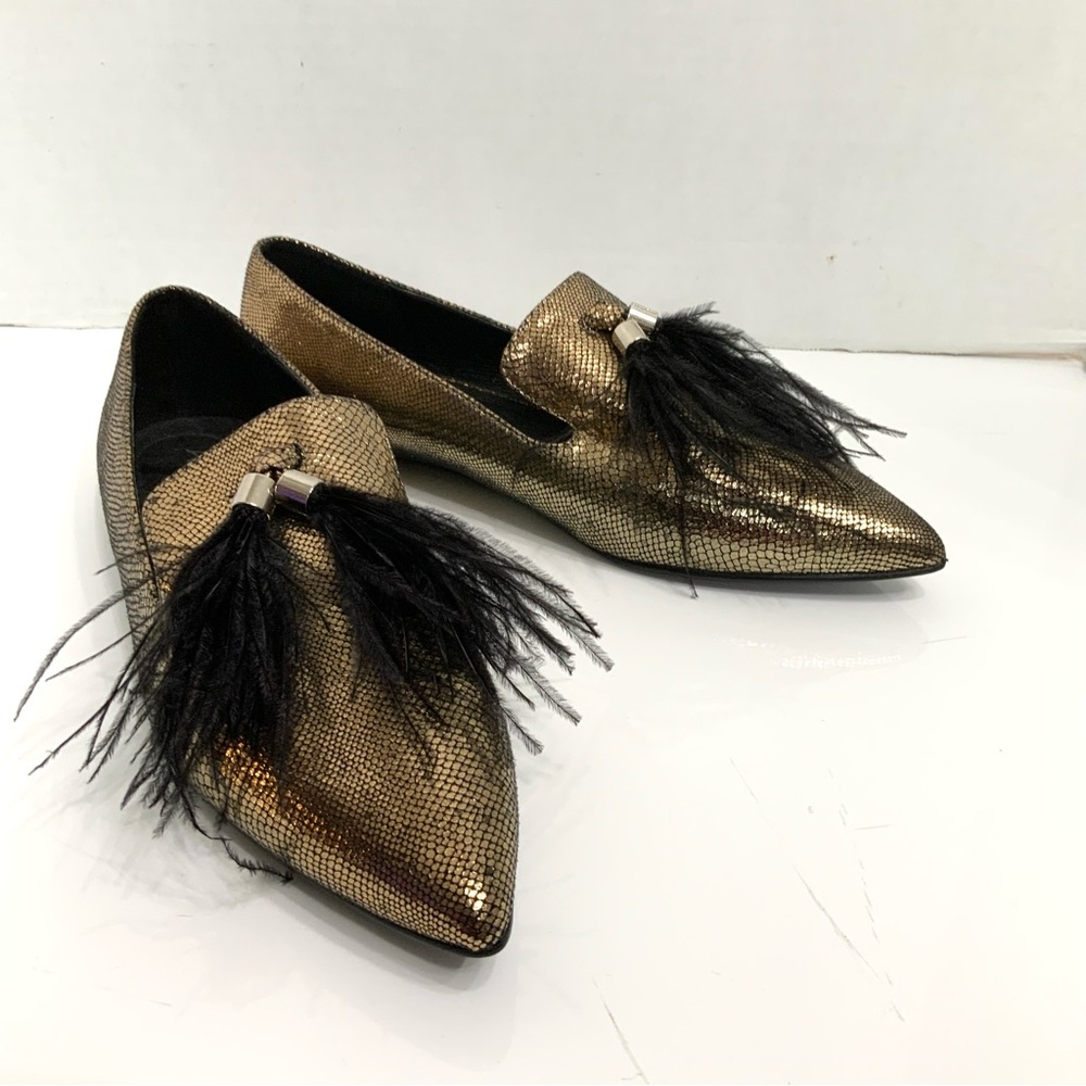 ASHRO Sz 7.5 Gold Bronze Feather Tassel Pointed‎ Toe Metallic Loafers Party